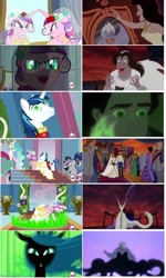 Size: 576x960 | Tagged: safe, edit, edited screencap, screencap, night light, pinkie pie, princess cadance, princess celestia, queen chrysalis, shining armor, spike, twilight velvet, alicorn, changeling, changeling queen, pony, unicorn, a canterlot wedding, g4, season 2, comparison, disney, fake cadance, female, horn, hub logo, logo, male, mare, mirror, prince eric, slowpoke, stallion, the hub, the little mermaid, this day aria, ursula