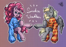 Size: 2800x2000 | Tagged: safe, artist:gigisarts, derpy hooves, pinkie pie, earth pony, pegasus, pony, g4, clothes, duo, duo female, female, gradient background, grid background, hoodie, hooves, looking at you, patterned background, smiling, sweater, text