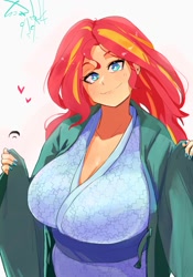 Size: 1400x2000 | Tagged: safe, artist:sozglitch, sunset shimmer, human, g4, big breasts, blushing, breasts, busty sunset shimmer, cleavage, clothes, cute, cyan eyes, female, floating heart, heart, huge breasts, humanized, looking at you, shimmerbetes, smiling, smiling at you, two toned hair, wrong eye color, yukata