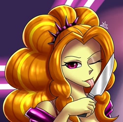 Size: 916x906 | Tagged: safe, artist:zachc, adagio dazzle, human, rainbow rocks 10th anniversary, equestria girls, g4, commission, female, knife, one eye closed, solo, tongue out