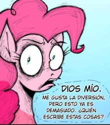 Size: 577x654 | Tagged: safe, artist:lux_zeppeli, pinkie pie, earth pony, pony, g4, female, open mouth, shrunken pupils, solo, spanish, speech bubble, translated in the comments