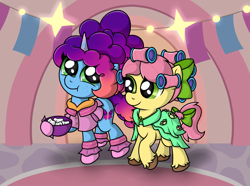 Size: 3423x2547 | Tagged: safe, artist:background basset, misty brightdawn, posey bloom, earth pony, pony, unicorn, g5, my little pony: tell your tale, sleepover!!, adoraposey, bow, bowl, chibi, cute, duo, eating, female, food, freckles, hair bow, hair curlers, horn, mare, marshmallow, mistybetes, rebirth misty, smiling, tail, tail bow, unshorn fetlocks