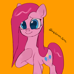 Size: 4096x4096 | Tagged: safe, artist:metaruscarlet, pinkie pie, earth pony, pony, g4, cute, cuteamena, diapinkes, hoof on chest, pinkamena diane pie, raised hoof, simple background, solo, yellow background