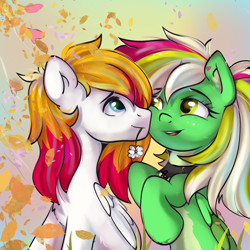 Size: 2048x2048 | Tagged: safe, artist:kristina, oc, oc only, oc:gumdrops, oc:hotfix, pegasus, pony, collar, commission, community related, couple, cute, duo, flower, flower in mouth, gradient background, leaves, mouth hold, ych result