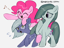 Size: 4096x3072 | Tagged: safe, artist:metaruscarlet, limestone pie, marble pie, pinkie pie, earth pony, pony, g4, cute, diapinkes, eyes closed, female, gray background, happy, marblebetes, music notes, open mouth, open smile, pie sisters, raised hoof, siblings, simple background, sisters, smiling, sweat, trio, trio female