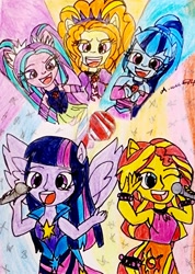 Size: 2866x4024 | Tagged: safe, artist:bgladybug1999, adagio dazzle, aria blaze, sonata dusk, sunset shimmer, twilight sparkle, human, rainbow rocks 10th anniversary, equestria girls, g4, my little pony equestria girls: rainbow rocks, disguise, disguised siren, gem, group, microphone, ponied up, quintet, singing, siren gem, the dazzlings, traditional art