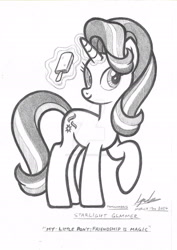 Size: 1024x1450 | Tagged: safe, artist:famousmari5, starlight glimmer, pony, unicorn, g4, food, horn, looking at you, monochrome, popsicle, raised hoof, signature, text, traditional art