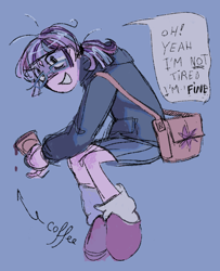 Size: 682x839 | Tagged: safe, artist:queenrosedust, sci-twi, twilight sparkle, human, equestria girls, g4, bag, bags under eyes, blue background, clothes, coffee, glasses, hoodie, messy hair, simple background, skirt, solo, speech bubble, tired, wip