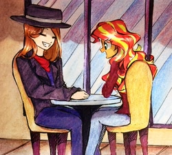 Size: 2329x2093 | Tagged: safe, artist:liaaqila, sunset shimmer, oc, human, equestria girls, g4, canon x oc, chair, date, duo, duo male and female, fedora, female, hat, male, smiling, straight, table, traditional art, window