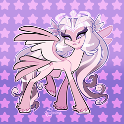 Size: 2048x2048 | Tagged: safe, artist:3ggmilky, oc, oc only, angel, angel pony, original species, pony, seraph, g4, brown mane, brown tail, coat markings, colored hooves, colored wings, colored wingtips, concave belly, crossover fusion, crown, eye markings, eyeshadow, facial markings, facing you, feathered fetlocks, female, female oc, freckles, fusion, fusion:fleur-de-lis, fusion:sera (hazbin hotel), gradient background, gradient mane, gradient tail, hazbin hotel, head wings, hellaverse, hooves, jewelry, long legs, long mane, long tail, looking at you, makeup, mare oc, multiple wings, outline, partially open wings, patterned background, pink coat, pink wings, purple eyeshadow, raised leg, regalia, signature, slender, smiling, socks (coat markings), solo, standing on three hooves, striped mane, striped tail, tail, thin, thin legs, three toned mane, three toned tail, two toned wings, unshorn fetlocks, white hooves, white wingtips, wings