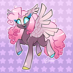 Size: 2048x2048 | Tagged: safe, artist:3ggmilky, oc, oc only, angel, angel pony, original species, pony, seraph, g4, blank flank, blaze (coat marking), blue eyes, blue eyeshadow, blue sclera, brown coat, brown wings, coat markings, colored hooves, colored sclera, colored wings, colored wingtips, cream wingtips, crossover fusion, curly mane, curly tail, eye markings, eyelashes, eyeshadow, facial markings, facing you, female, female oc, fusion, fusion:pinkie pie, fusion:sera (hazbin hotel), gradient background, gradient legs, hazbin hotel, head wings, hooves, leg markings, long mane, long tail, looking away, makeup, mare, mare oc, mismatched hooves, multiple wings, open mouth, open smile, outline, patterned background, pink mane, pink tail, raised hoof, raised leg, signature, smiling, socks (coat markings), solo, spread wings, standing, standing on one leg, starry eyes, tail, two toned wings, white pupils, wingding eyes, wings