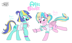 Size: 3771x2283 | Tagged: safe, artist:jowyb, oc, oc:aqua wave, oc:shake swirl, pegasus, pony, unicorn, ascot, bracelet, clothes, duo, duo female, female, high res, horn, jacket, jewelry, mare, name, open mouth, open smile, simple background, smiling, standing, standing on one leg, transparent background