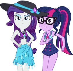 Size: 2608x2520 | Tagged: safe, edit, edited screencap, editor:mrtoonlover83, screencap, rarity, sci-twi, twilight sparkle, human, equestria girls, equestria girls specials, g4, my little pony equestria girls: forgotten friendship, background removed, bare shoulders, bikini, clothes, duo, duo female, female, glasses, hand on hip, hat, not a vector, one-piece swimsuit, ponytail, rarity's blue sarong, rarity's purple bikini, sci-twi swimsuit, simple background, sleeveless, sun hat, swimsuit, transparent background