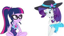 Size: 4464x2491 | Tagged: safe, edit, edited screencap, editor:homersimpson1983, screencap, rarity, sci-twi, twilight sparkle, human, equestria girls, equestria girls specials, g4, my little pony equestria girls: forgotten friendship, background removed, bare shoulders, bikini, blurry, clothes, duo, glasses, hat, not a vector, one-piece swimsuit, ponytail, rarity's blue sarong, rarity's purple bikini, sci-twi swimsuit, simple background, sitting, sleeveless, sun hat, swimsuit, transparent background, upscaled