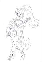 Size: 2177x3281 | Tagged: safe, artist:ciaran, derpibooru exclusive, sonata dusk, anthro, rainbow rocks 10th anniversary, equestria girls, g4, my little pony equestria girls: rainbow rocks, bass guitar, black and white, boots, clothes, disguise, disguised siren, eyebrows, eyebrows visible through hair, female, gem, grayscale, jacket, jewelry, leather, leather jacket, lineart, monochrome, musical instrument, necklace, open mouth, shirt, shoes, simple background, singing, siren gem, solo, traditional art, white background, wristband