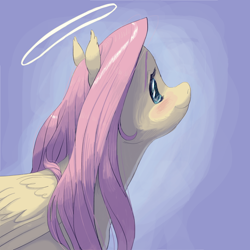 Size: 1280x1280 | Tagged: safe, artist:universalheart, fluttershy, pegasus, pony, g4, abstract background, blushing, bust, colored eyebrows, ear tufts, female, folded wings, halo, mare, side view, smiling, solo, wings