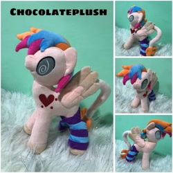 Size: 1600x1600 | Tagged: safe, artist:chocolateplush, oc, oc only, oc:cardia, pegasus, pony, g4, g4.5, g5, my little pony: pony life, my little pony: tell your tale, ambiguous gender, birthmark, blank flank, clothes, commission, dyed mane, hooves, irl, leonine tail, multicolored hair, pegasus oc, photo, plushie, pony plushie, solo, spread wings, stockings, swirly eyes, tail, thigh highs, wings