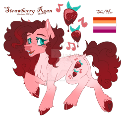 Size: 1280x1227 | Tagged: safe, artist:king-victor, oc, oc only, oc:strawberry roan, earth pony, pony, alternate universe, anatomically incorrect, body freckles, butt fluff, chappell roan, chest fluff, coat markings, colored, colored eyebrows, colored eyelashes, colored head, colored pinnae, colored pupils, colored underhoof, concave belly, curly mane, curly tail, deviantart watermark, ear fluff, facial markings, female, female oc, flat colors, freckles, gradient legs, green eyelashes, green eyes, green pupils, hoof heart, incorrect leg anatomy, leg freckles, leonine tail, lesbian pride flag, long mane, long tail, looking back, lore in description, mare, mare oc, next generation, no catchlights, obtrusive watermark, offspring, open mouth, parent:cheese sandwich, parent:pinkie pie, parents:cheesepie, pink coat, ponified, pride, pride flag, raised hoof, raised leg, reference sheet, roan, simple background, snip (coat marking), socks (coat markings), solo, standing on two hooves, tail, transparent background, underhoof, unshorn fetlocks, watermark