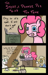 Size: 1200x1888 | Tagged: safe, artist:jberg18, madame leflour, pinkie pie, rocky, sir lintsalot, pony, the story of pinkie pie, g4, book, comic, female, filly, filly pinkie pie, pun, teapot, visual pun, younger