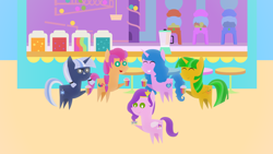 Size: 1920x1080 | Tagged: safe, artist:carrotorangelight, izzy moonbow, pipp petals, sunny starscout, oc, oc:bluebright cobalt, oc:orangelight amber, pony, g5, boardtrot, drink, pointy ponies, smoothie, smoothie cart