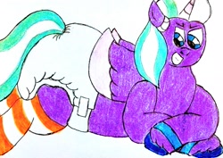 Size: 2920x2064 | Tagged: safe, artist:bitter sweetness, opaline arcana, alicorn, pony, g5, abdl, adult foal, clothes, diaper, diaper fetish, fetish, grin, lying down, non-baby in diaper, poofy diaper, prone, simple background, smiling, socks, solo, striped socks, traditional art, white background