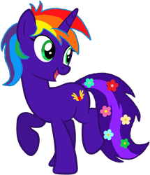 Size: 1632x1902 | Tagged: safe, artist:star-armour95, edit, edited screencap, screencap, oc, oc only, oc:rainbow flower, pony, unicorn, female, flower, flower in tail, horn, mare, mismatched mane and tail, multicolored hair, not a vector, rainbow hair, raised hoof, simple background, solo, tail, transparent background