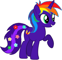 Size: 1647x1581 | Tagged: safe, artist:star-armour95, edit, edited screencap, screencap, oc, oc only, oc:rainbow flower, pony, unicorn, g4, female, flower, flower in tail, horn, mismatched mane and tail, multicolored hair, not a vector, rainbow hair, raised hoof, simple background, solo, tail, transparent background