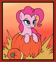 Size: 1535x1716 | Tagged: safe, artist:vomitvomiting, pinkie pie, earth pony, pony, g4, female, gradient background, passepartout, pumpkin, solo