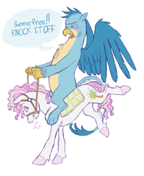 Size: 1280x1563 | Tagged: safe, artist:universalheart, gallus, oc, oc:summerfree apple, griffon, pony, g4, bridle, bucking, canon x oc, duo, duo male and female, female, interspecies, male, reins, saddle, simple background, speech bubble, straight, tack, white background