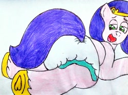 Size: 2900x2154 | Tagged: safe, artist:bitter sweetness, pipp petals, pegasus, pony, g5, abdl, adult foal, diaper, diaper fetish, fetish, hoof heart, hooves, looking back, lying down, non-baby in diaper, open mouth, open smile, poofy diaper, prone, simple background, smiling, sploot, traditional art, underhoof, white background