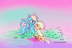 Size: 1872x1250 | Tagged: safe, artist:flutterberrypie, applejack, rainbow dash, earth pony, pegasus, pony, g4, ^^, abstract background, applebetes, colored pinnae, cute, dashabetes, duo, duo female, ears back, eyes closed, facing each other, female, gradient background, hatless, ladder, lesbian, looking at someone, mare, missing accessory, no pupils, ship:appledash, shipping, signature, unfinished art, wings, wings down