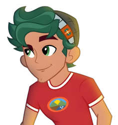 Size: 486x513 | Tagged: safe, edit, edited screencap, screencap, timber spruce, human, equestria girls, g4, my little pony equestria girls: legend of everfree, background removed, camp everfree logo, camp everfree outfits, cute, ears, eyebrows, green eyes, hat, lighting, male, nose, raised eyebrow, red shirt, simple background, smiling, solo, transparent background