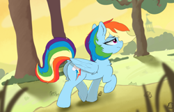 Size: 4442x2855 | Tagged: safe, artist:zzzsleepy, rainbow dash, pegasus, pony, g4, butt, chest fluff, cute, dashabetes, female, mare, outdoors, plot, solo, tree, underhoof, walking, wings