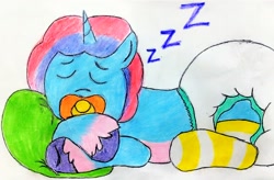 Size: 3267x2147 | Tagged: safe, artist:bitter sweetness, misty brightdawn, pony, unicorn, g5, abdl, adult foal, clothes, diaper, diaper fetish, eyes closed, fetish, horn, non-baby in diaper, onomatopoeia, pacifier, pillow, poofy diaper, simple background, sleeping, socks, solo, sound effects, striped socks, traditional art, white background, zzz