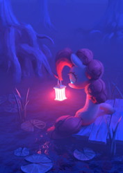 Size: 2894x4093 | Tagged: safe, artist:xallaanacyoxcyor, pinkie pie, earth pony, pony, g4, female, hair hold, high res, holding, lantern, lilypad, looking at something, lying down, mane hold, mare, night, painterly, pier, prehensile mane, solo, swamp, tree, wallpaper, water