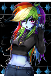 Size: 1379x2048 | Tagged: safe, artist:pulse, rainbow dash, human, equestria girls, g4, belly, belly button, blushing, clothes, cross, cross necklace, ear piercing, earring, female, fingerless gloves, gloves, jewelry, looking at you, midriff, multicolored hair, necklace, one eye closed, open mouth, piercing, rainbow hair, solo