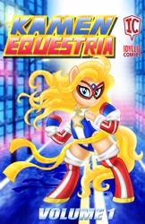 Size: 1988x3075 | Tagged: safe, artist:aleximusprime, earth pony, pony, action pose, bipedal, blonde, blonde hair, blonde mane, blue eyes, clothes, comic cover, cover, cover art, female, kamen america, leotard, mask, patriotic, ponified, solo, superhero, superhero costume