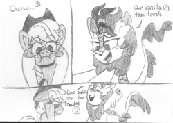 Size: 1681x1192 | Tagged: safe, artist:rosa ushiromiya, applejack, autumn blaze, earth pony, kirin, pony, g4, blushing, cloven hooves, duo, duo female, female, grayscale, lesbian, mare, monochrome, open mouth, pencil drawing, ship:autumnjack, shipping, simple background, spanish, traditional art, white background