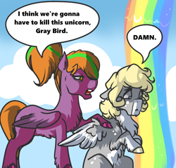 Size: 2300x2200 | Tagged: safe, artist:mylittlegodzilla, derpibooru exclusive, oc, oc only, oc:beatrice creux, oc:gray bird, pegasus, dialogue, i think we're gonna have to kill this guy, meme, not derpy, rainbow waterfall, text