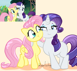 Size: 1789x1665 | Tagged: safe, artist:flutterbug18, fluttershy, rarity, pegasus, pony, unicorn, fake it 'til you make it, g4, cheek squish, cute, duo, duo female, female, hoof around neck, horn, lidded eyes, looking at each other, looking at someone, mare, raribetes, scene interpretation, screencap reference, shyabetes, side hug, simple background, smiling, smiling at each other, squishy cheeks, yellow background