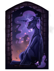 Size: 3040x4000 | Tagged: safe, artist:iyezekiil, princess luna, alicorn, pony, g4, autumn leaves, ethereal mane, eyebrows, eyebrows visible through hair, eyes closed, female, leaves, mare, night, signature, sitting, solo, windowsill