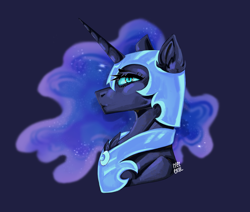 Size: 2490x2110 | Tagged: safe, artist:iyezekiil, nightmare moon, alicorn, pony, g4, bust, ethereal mane, female, helmet, mare, peytral, portrait, profile, signature, simple background, solo