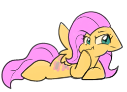 Size: 883x643 | Tagged: safe, artist:zutcha, fluttershy, pegasus, pony, g4, female, floppy ears, hoof on chin, lying down, mare, narrowed eyes, prone, simple background, solo, spread wings, white background, wings