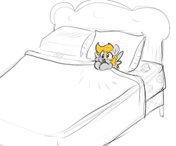 Size: 1028x855 | Tagged: safe, artist:zutcha, derpy hooves, pegasus, pony, g4, bed, cute, derpabetes, in bed, open mouth, open smile, simple background, smiling, solo, spread wings, tiny, tiny ponies, white background, wings