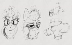 Size: 2400x1497 | Tagged: safe, artist:musicalgenius, moondancer, pony, unicorn, g4, annoyed, blushing, bust, clothes, female, glasses, horn, kissy face, looking at you, mare, pursed lips, sketch, sweater, taped glasses