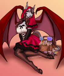 Size: 2558x3034 | Tagged: safe, artist:blackblood-queen, oc, oc only, oc:scarlet quill, bat pony, anthro, unguligrade anthro, anthro oc, basket, bat pony oc, big breasts, breasts, busty oc, candy, cleavage, clothes, commission, costume, digital art, eyeshadow, fangs, female, fishnet clothing, fishnet stockings, food, halloween, halloween 2024, halloween costume, holiday, lipstick, little red riding hood, makeup, mare, milf, nightmare night, nightmare night 2024, nightmare night costume, slit pupils, smiling, solo, stockings, thigh highs