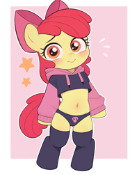 Size: 2048x2560 | Tagged: safe, ai assisted, ai content, prompter:credus, apple bloom, earth pony, pony, semi-anthro, g4, belly, belly button, bipedal, blushing, clothes, crop top hoodie, emanata, female, filly, foal, looking at you, outline, paggi outfit, panties, passepartout, smiling, smiling at you, socks, solo, stars, sweat, sweatdrops, thigh highs, underwear, white outline