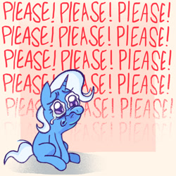 Size: 2048x2048 | Tagged: safe, artist:chipchapp, trixie, pony, unicorn, g4, advertisement, begging, blue coat, blue mane, blue tail, crying, eyelashes, female, frown, high res, horn, link in description, mare, missing cutie mark, music in description, passepartout, please, purple eyes, red text, scrunchy face, sitting, solo, tail, text, two toned mane, two toned tail, unicorn horn