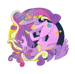 Size: 942x930 | Tagged: safe, artist:cutesykill, princess cadance, alicorn, pony, g4, beanbrows, circle background, colored eyebrows, colored eyelashes, colored pinnae, crown, curled up, curly mane, curly tail, ear piercing, earring, eyebrows, female, floppy ears, gray eyebrows, hoof shoes, horn, jewelry, mare, old art, partially open wings, peytral, piercing, pink coat, princess shoes, profile, regalia, simple background, solo, sparkles, striped horn, tail, three toned mane, three toned tail, tiara, unicorn horn, white background, wings