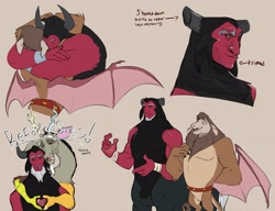 Size: 4096x3151 | Tagged: safe, artist:chub-wub, discord, lord tirek, scorpan, centaur, draconequus, gargoyle, taur, g4, a better ending for tirek, alternate design, alternate universe, beard, belt, black fur, black sclera, blush lines, blushing, bracer, broken horn, broken horns, brothers, brown fur, brown hair, bust, claws, colored claws, colored eyebrows, colored horns, colored legs, colored pinnae, colored sclera, colored wings, cream background, curved horns, cut horn, eyes closed, facial hair, floating heart, gray fur, hand on chest, heart, heart hands, high res, horn, horns, hug, long ears, looking at someone, male, mismatched horns, nose piercing, nose ring, open mouth, open smile, piercing, profile, red skin, reformed, reformed tirek, reformed villain, requested art, septum piercing, shaved, siblings, simple background, smiling, smiling at someone, solo focus, standing, text, trio, trio male, two toned wings, wing claws, wings, yellow eyes